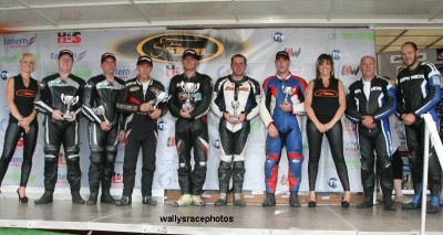 Race 2 Podium L to R Schofield, Thomas,  Lovelock, Lawrence,  James, Morgan,  and Morris Lubricants winners Ian Drowne and Michael Swift..jpg